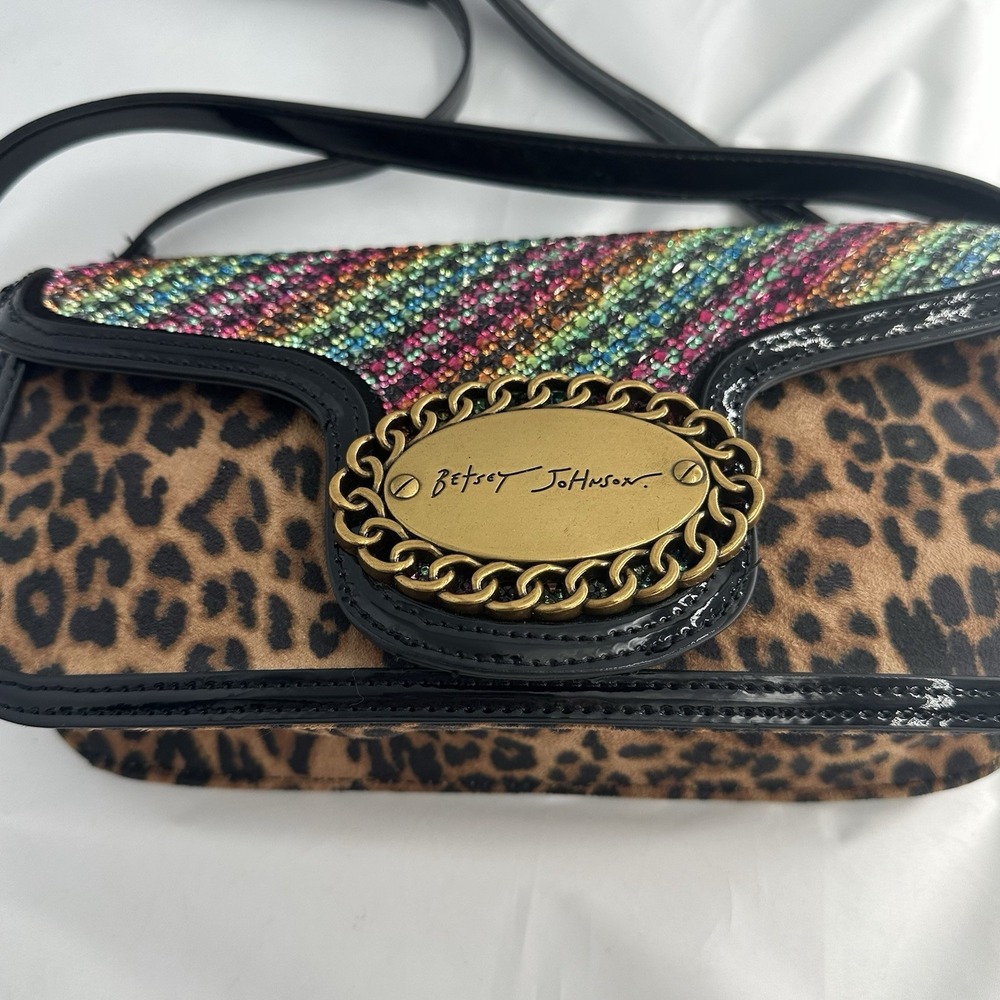 Betsey Johnson leopard print Bling Rhinestone Crossbody Handle Hot Pink Purse